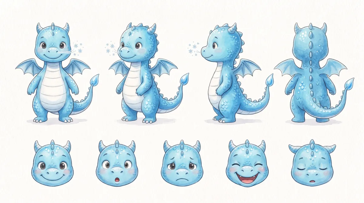 La scheda di Tino, il piccolo drago blu: quattro viste intere e cinque espressioni.